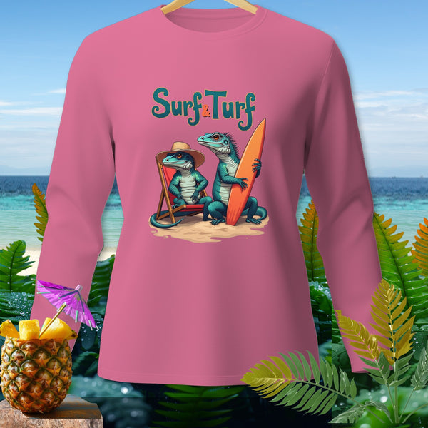 Pink long-sleeve shirt with two cartoon lizards and "Surf & Turf" text.