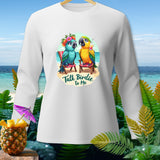 White long-sleeve shirt with two parrots on a beach and 