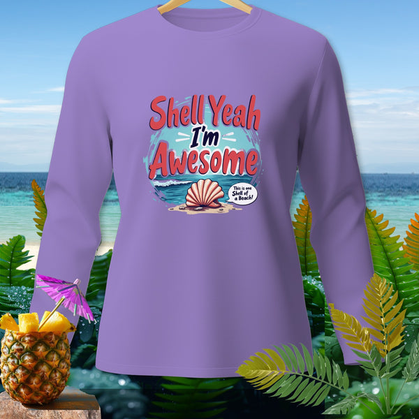 Purple long-sleeve shirt with "Shell Yeah I'm Awesome" text and seashell graphic.