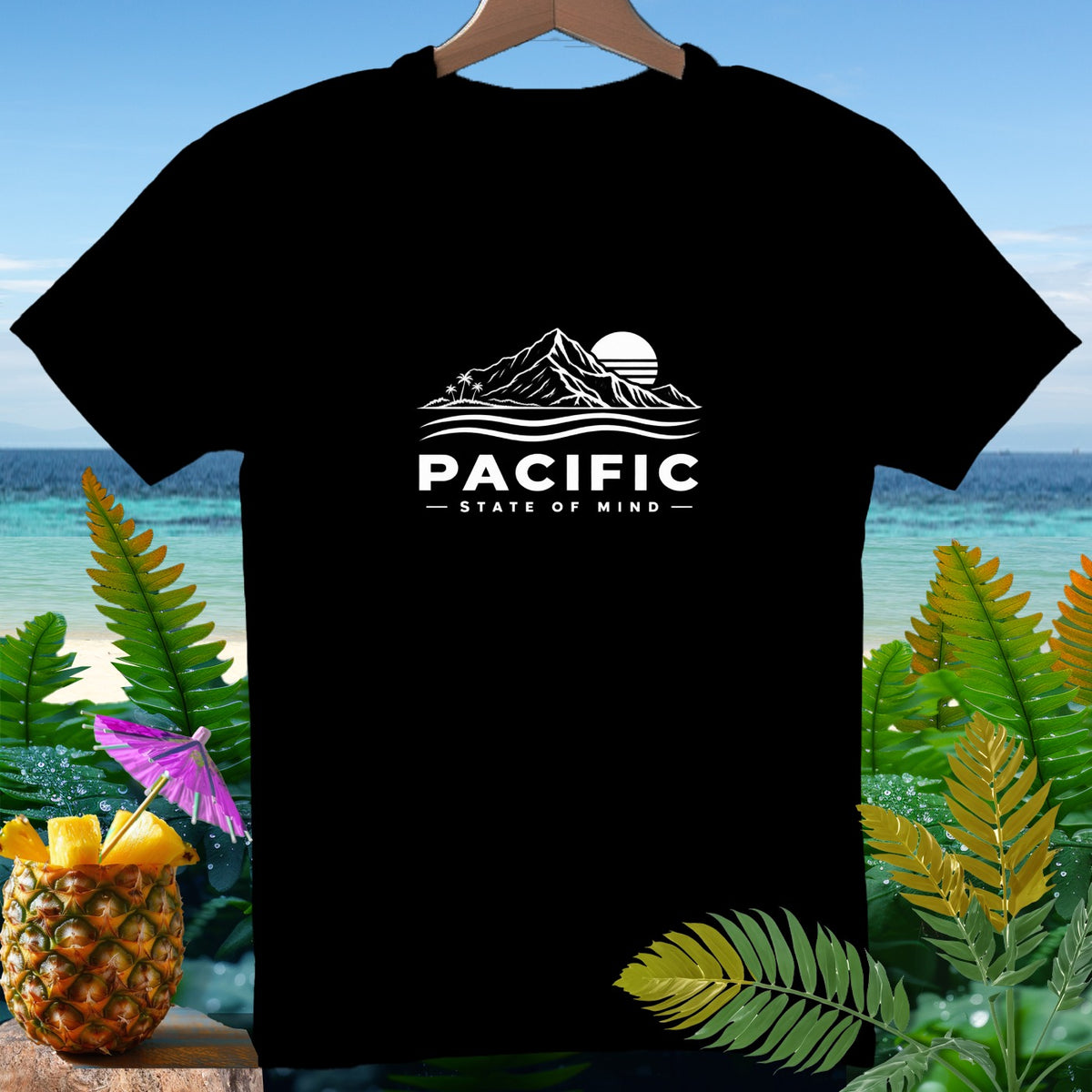 Black t-shirt with white "PACIFIC STATE OF MIND" text and mountain logo.
