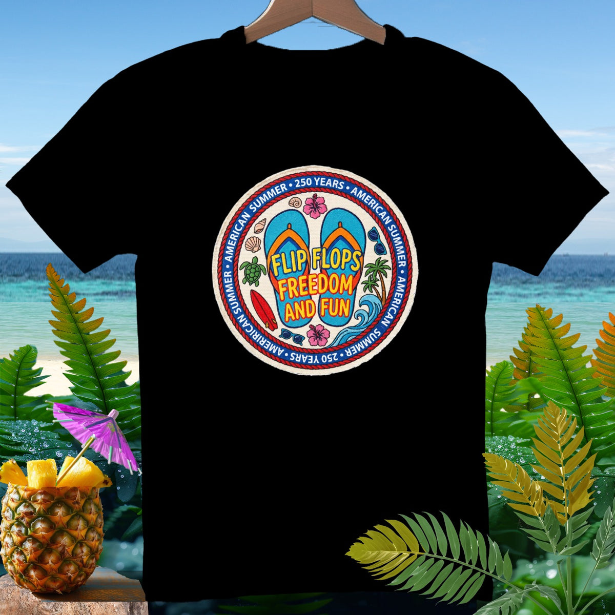 Black t-shirt with "Flip Flops Freedom and Fun" circular graphic.