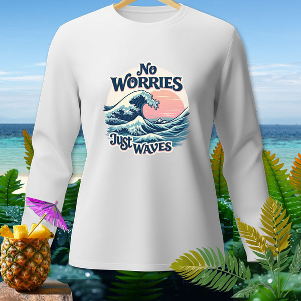 White long-sleeve shirt with "No Worries Just Waves" text and ocean wave graphic.