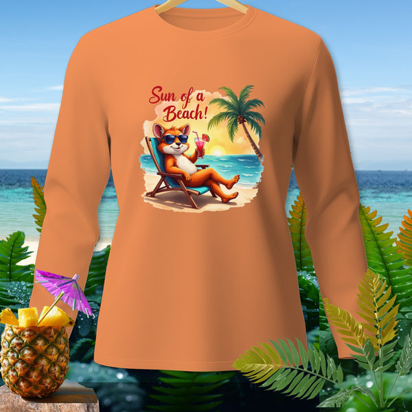 Orange long-sleeve shirt with graphic of fox relaxing on beach with text "Sun of a Beach!"