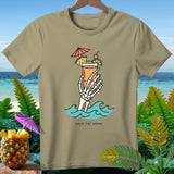 Skeleton hand holding a tropical drink in waves, text SAVE THE DRINK.