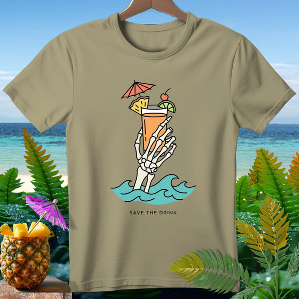 Skeleton hand holding a tropical drink in waves, text SAVE THE DRINK.