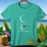 Teal t-shirt with a crescent moon, boat, and 