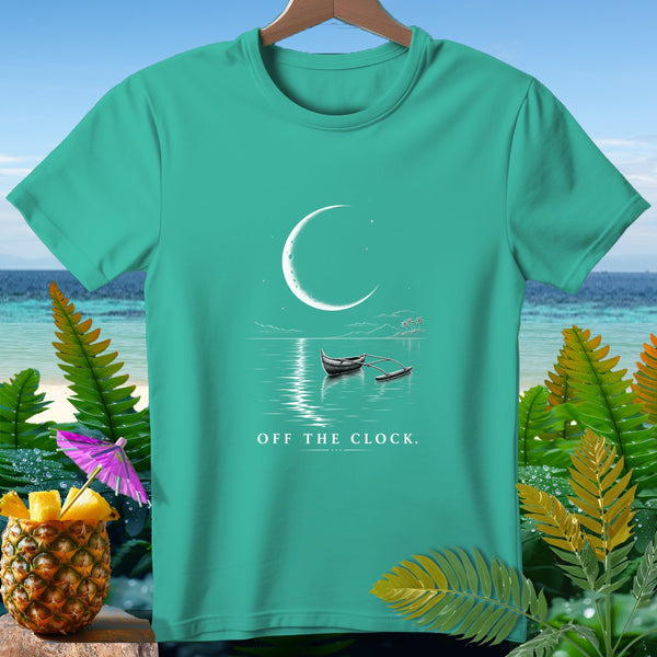 Teal t-shirt with a crescent moon, boat, and "OFF THE CLOCK." text.