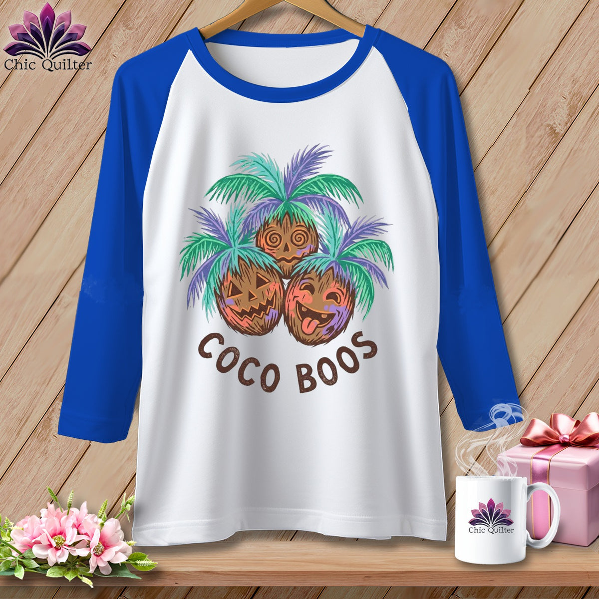 White baseball tee with three coconut pumpkins and "Coco Boos" text.