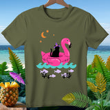 T-shirt with black cat in witch hat on pink flamingo float.