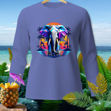 Purple long-sleeve shirt with a colorful geometric elephant design and tropical sunset.