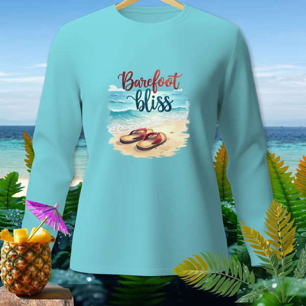 Light blue long-sleeve shirt with "Barefoot bliss" text and beach graphic.
