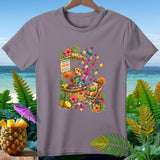 Two squirrels making smoothies at a tropical stand, with fruit and beach background.
