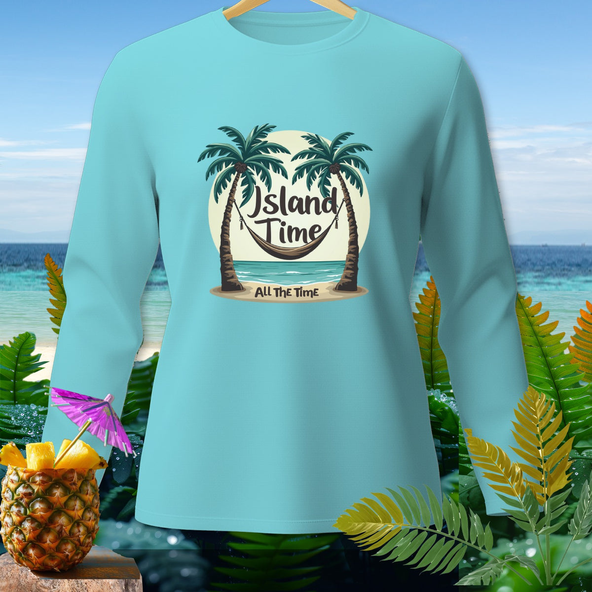 Aqua long-sleeve shirt with "Island Time All The Time" graphic featuring palm trees and a hammock.