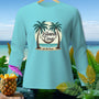 Aqua long-sleeve shirt with "Island Time All The Time" graphic featuring palm trees and a hammock.