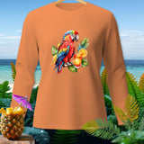 Orange long-sleeve shirt with a tropical parrot and drink graphic.