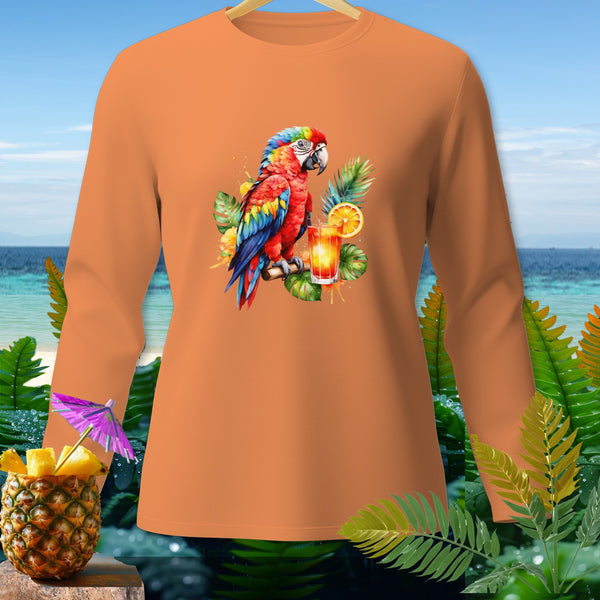 Orange long-sleeve shirt with a tropical parrot and drink graphic.