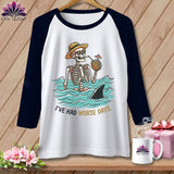 Baseball raglan t-shirt with skeleton in water, shark fin, and text 