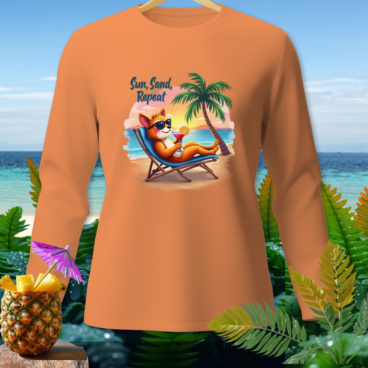 Orange long sleeve shirt with cartoon fox on beach and "Sun, Sand, Repeat" text.