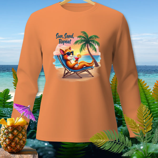 Orange long sleeve shirt with cartoon fox on beach and "Sun, Sand, Repeat" text.