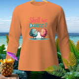 Orange long-sleeve shirt with dancing shells and text 
