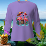 Purple long-sleeve shirt with two cartoon flamingos wearing hats and sunglasses.