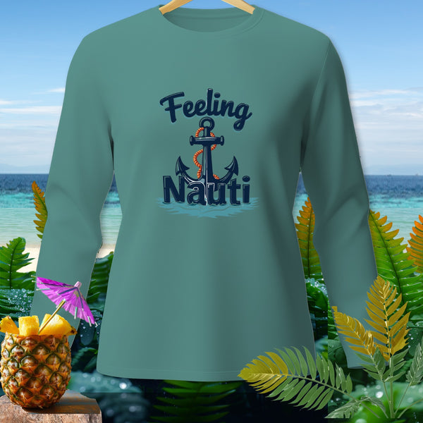 Teal long-sleeved shirt with "Feeling Nauti" and anchor graphic.