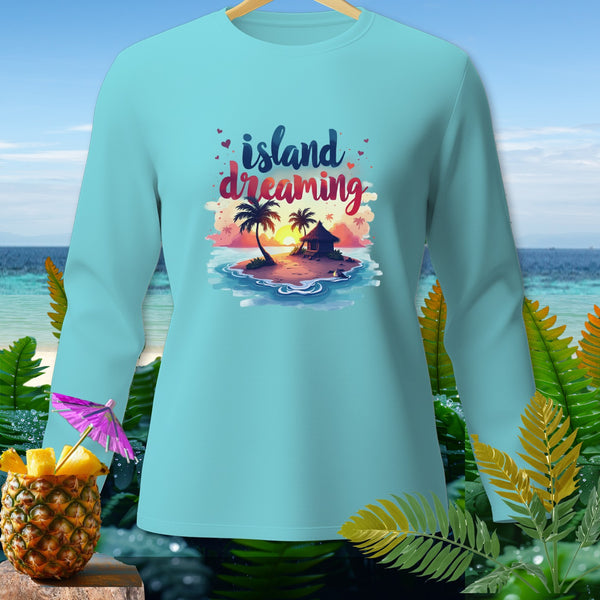 Light blue long-sleeve shirt with "island dreaming" text and tropical island graphic.