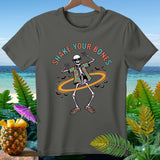 Skeleton wearing sunglasses and Hawaiian shirt dancing with text 