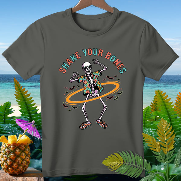 Skeleton wearing sunglasses and Hawaiian shirt dancing with text "Shake Your Bones."