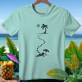 Light blue t-shirt with black graphic of footprint trail leading to beach scene.