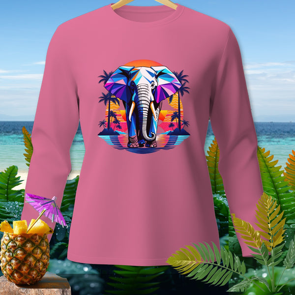 Pink long-sleeve shirt with a geometric elephant design and tropical background.