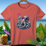 Coral t-shirt with a graphic of an octopus wearing sunglasses, holding a cocktail.