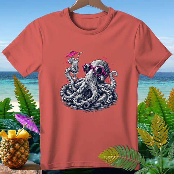 Coral t-shirt with a graphic of an octopus wearing sunglasses, holding a cocktail.
