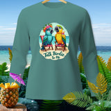 Two parrots on beach chairs with text 