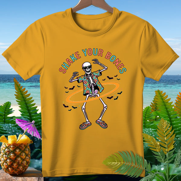 Yellow t-shirt with a skeleton dancing and text that reads "Shake Your Bones".