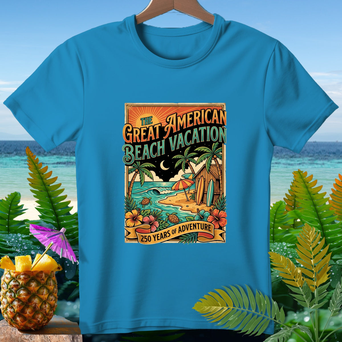 Blue t-shirt with "The Great American Beach Vacation 250 Years of Adventure" graphic.