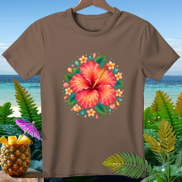 Brown t-shirt with a circular floral design featuring a large red hibiscus and smaller flowers.