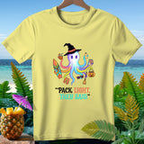 T-shirt graphic of octopus with witch hat, surfboard, drink, and text 