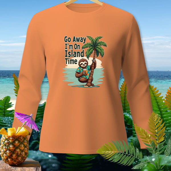 Long-sleeve orange shirt with sloth graphic and "Go Away I'm On Island Time" text.