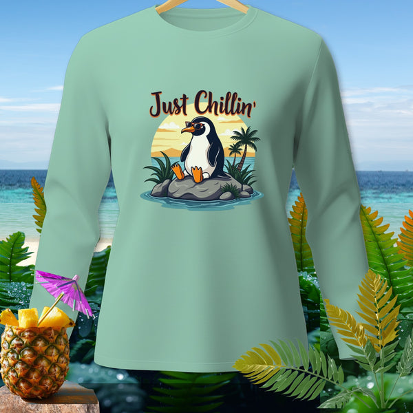 Mint green long-sleeve shirt with a penguin graphic and "Just Chillin'" text.