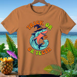 Orange t-shirt with a Halloween shark design and text 