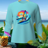 Light blue long-sleeve shirt with a parrot windsurfing on a wave at sunset.