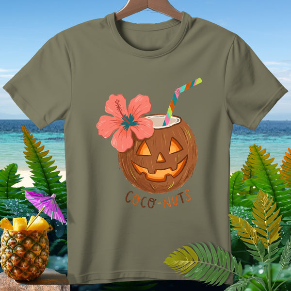 T-shirt with a carved coconut jack-o'-lantern, hibiscus flower, straw, and "Coco-Nuts" text.