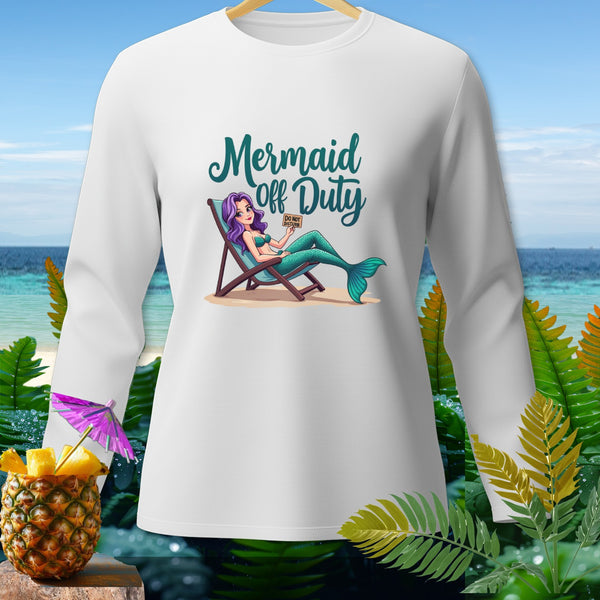 White long-sleeve shirt with "Mermaid Off Duty" graphic and cartoon mermaid.