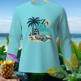 Long-sleeve shirt with zebra reading on beach, text 