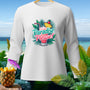 White long-sleeve shirt with "Paradise Please!" tropical drink graphic.