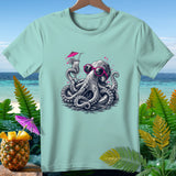 Octopus wearing pink sunglasses and holding a cocktail, on a teal t-shirt.