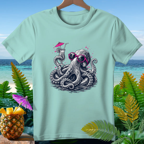 Octopus wearing pink sunglasses and holding a cocktail, on a teal t-shirt.