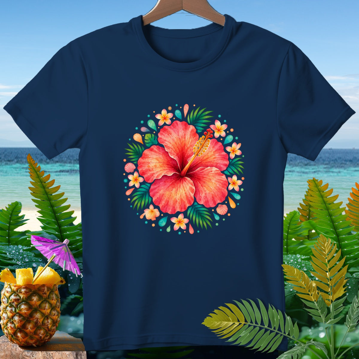 Navy t-shirt with a circular hibiscus floral design and tropical foliage.