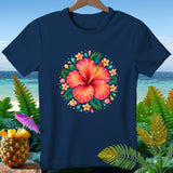 Navy t-shirt with a circular hibiscus floral design and tropical foliage.